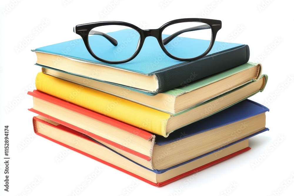 Eyeglasses resting on a stack of colorful books. (1) Eyeglasses resting on a stack of colorful books. (1)