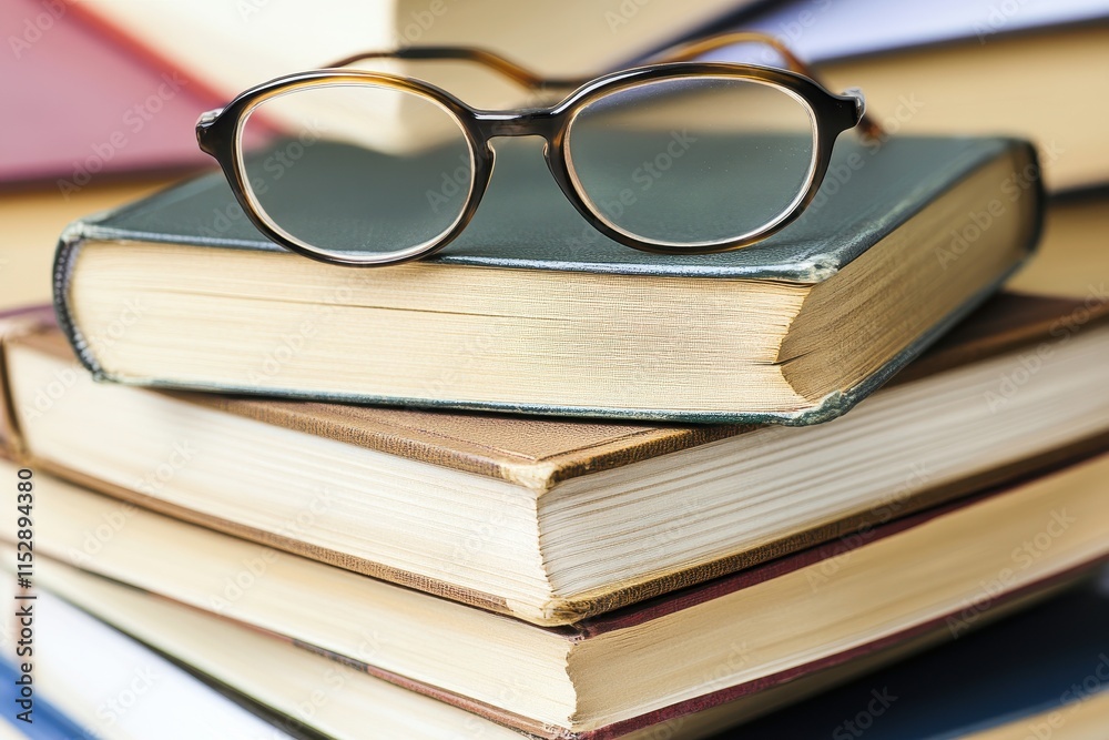Eyeglasses resting on a stack of old books. Eyeglasses resting on a stack of old books.