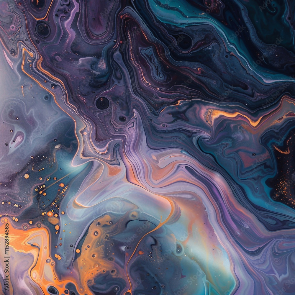 Abstract fluid art with purple, blue, and orange. Modern style texture. Design for print, wallpaper, textile. Top view. Abstract fluid art with purple, blue, and orange. Modern style texture. Design for print, wallpaper, textile. Top view.