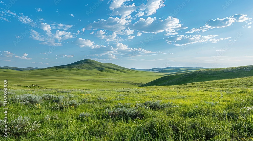 Rolling Green Hills Under a Bright Blue Sky with Puffy Clouds Rolling Green Hills Under a Bright Blue Sky with Puffy Clouds