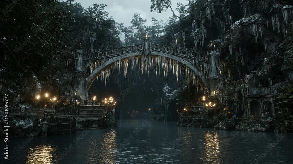 Obraz premium Enchanting Frozen Bridge Over Mystical Canal