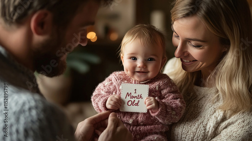 New parents capturing a picture of their baby holding a 