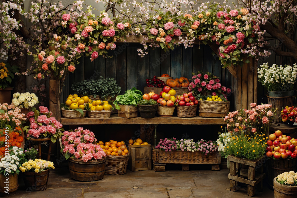 Fototapeta premium A bunch of baskets of fruit and flowers on a wooden table