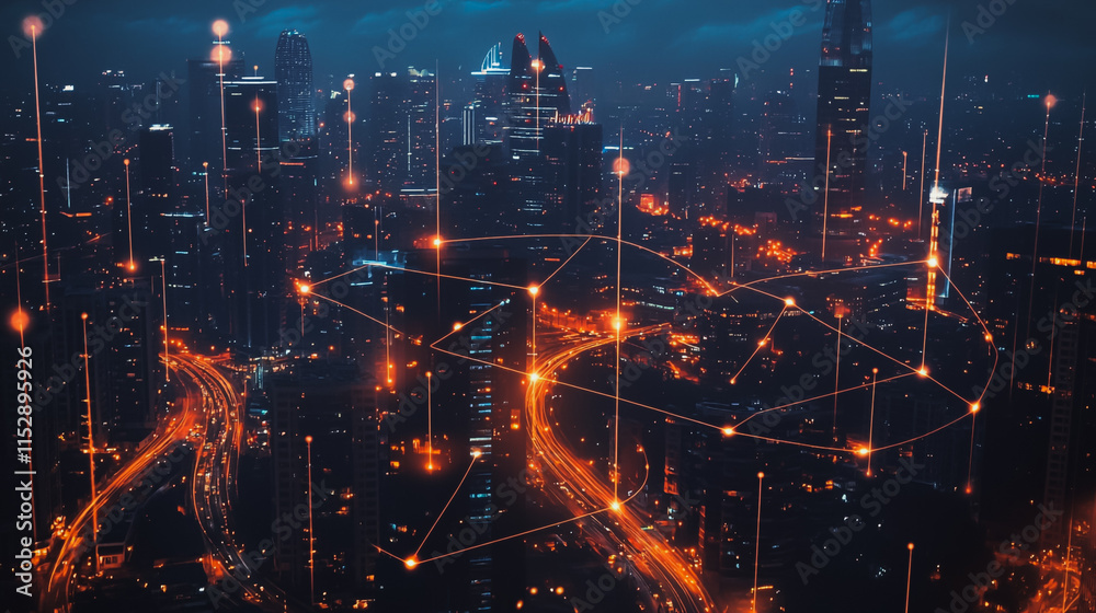 Obraz premium Abstract businesswoman stands on the peak of success Smart digital city with connection cyber security network reciprocity over the cityscape future wireless digital city and social media networking