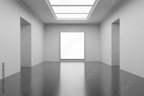 Minimalist white gallery interior with blank canvas and reflective floor.