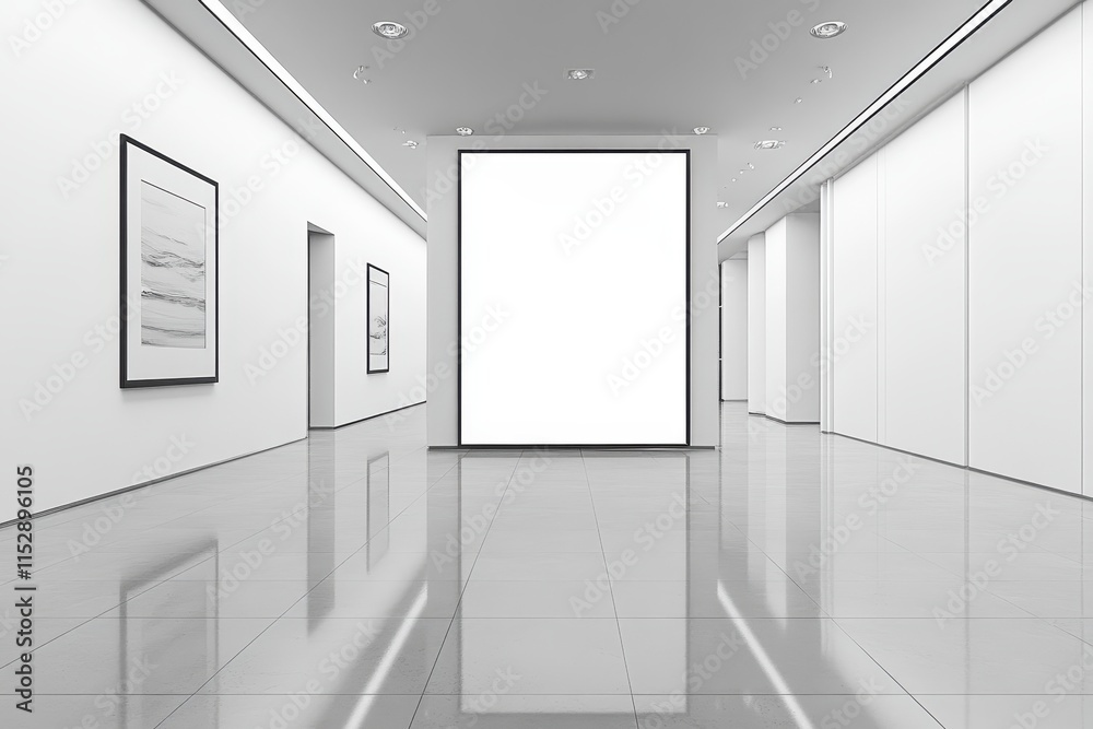 Modern gallery hallway with blank billboard. Modern gallery hallway with blank billboard.
