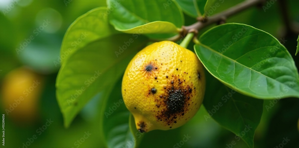 Infected lemon trees with severe yellowing and black spot disease on their leaves, fungal infection, plant health issues, citrus leaf problems Infected lemon trees with severe yellowing and black spot disease on their leaves, fungal infection, plant health issues, citrus leaf problems
