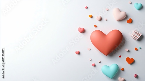 Colorful hearts scattered on a light background for decoration.