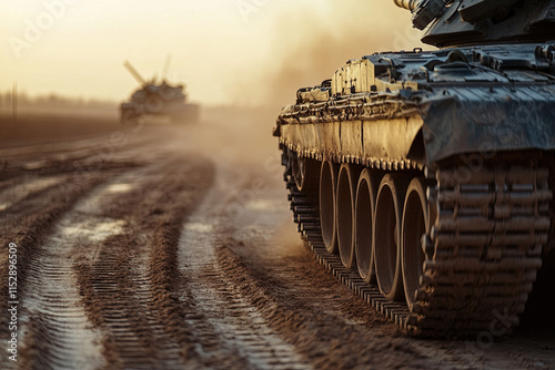 Military tank in a dusty field with tire tracks leading to the horizon, showcasing raw power photo