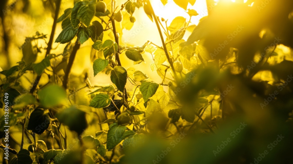 Obraz premium A Sunlit Landscape of Green Leaves and Vibrant Natural Elements Capturing the Essence of Growth and Renewal in a Warm Glowing Environment