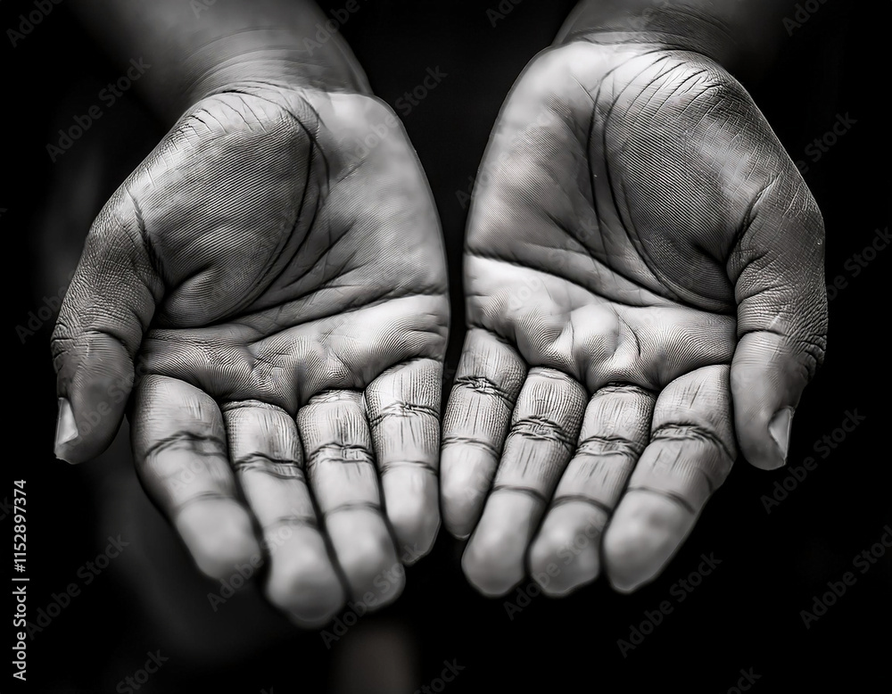 Two open palms are photographed in black and white, creating a powerful and dramatic composition against a dark background. Two open palms are photographed in black and white, creating a powerful and dramatic composition against a dark background.