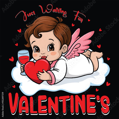 Just waiting for Valentine angle love wine T-Shirt Design