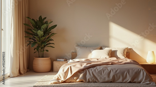 Serene Minimalist Bedroom with Warm Sunlight and Lush Plant for Peaceful Living