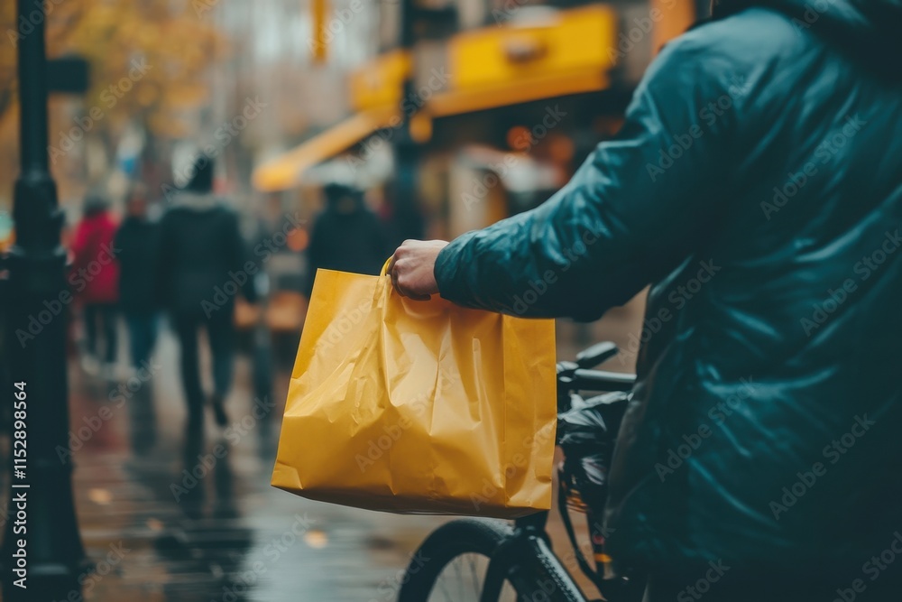 Obraz premium Rainy Day Shopping: Cyclist with Yellow Shopping Bag on a City Street