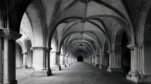 A monochrome corridor with arched ceilings and columns  creating a sense of depth and symmetry.