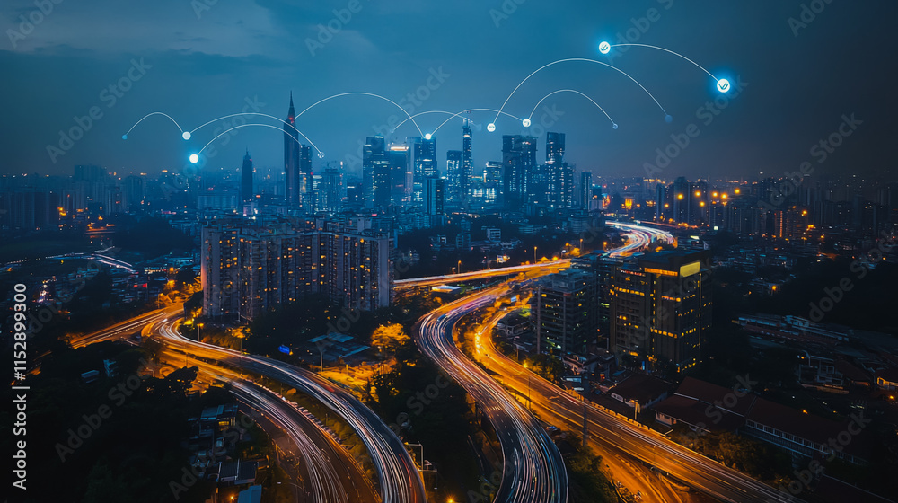Obraz premium Abstract businesswoman stands on the peak of success Smart digital city with connection cyber security network reciprocity over the cityscape future wireless digital city and social media networking