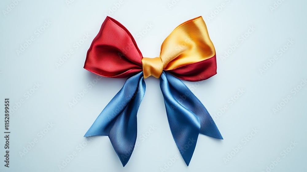 Naklejka premium Blue, red, and yellow bow on a white background. Beautiful ribbon with two parts for a gift or decoration. High-resolution photo. Banner design, real photography. candid 