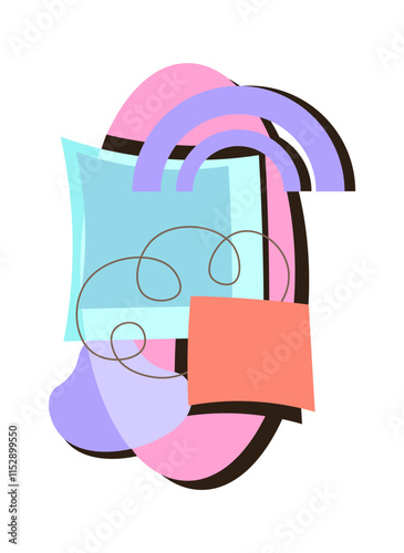 Groovy cartoon composition. Red, orange and violet shapes. Abstract psychedelic primitive art style. Booklet, brochure or leaflet. Flat vector illustration