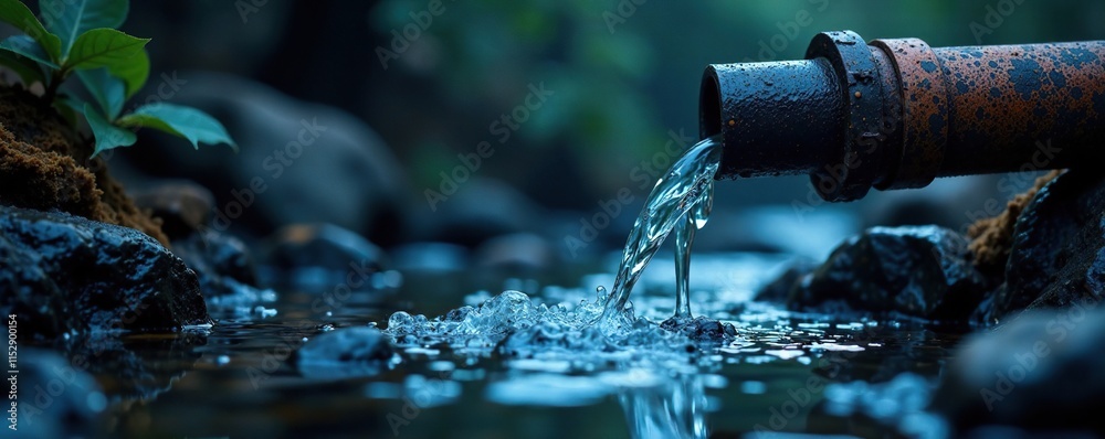 Pipe with water flowing out into the darkness, pipe, fluid Pipe with water flowing out into the darkness, pipe, fluid