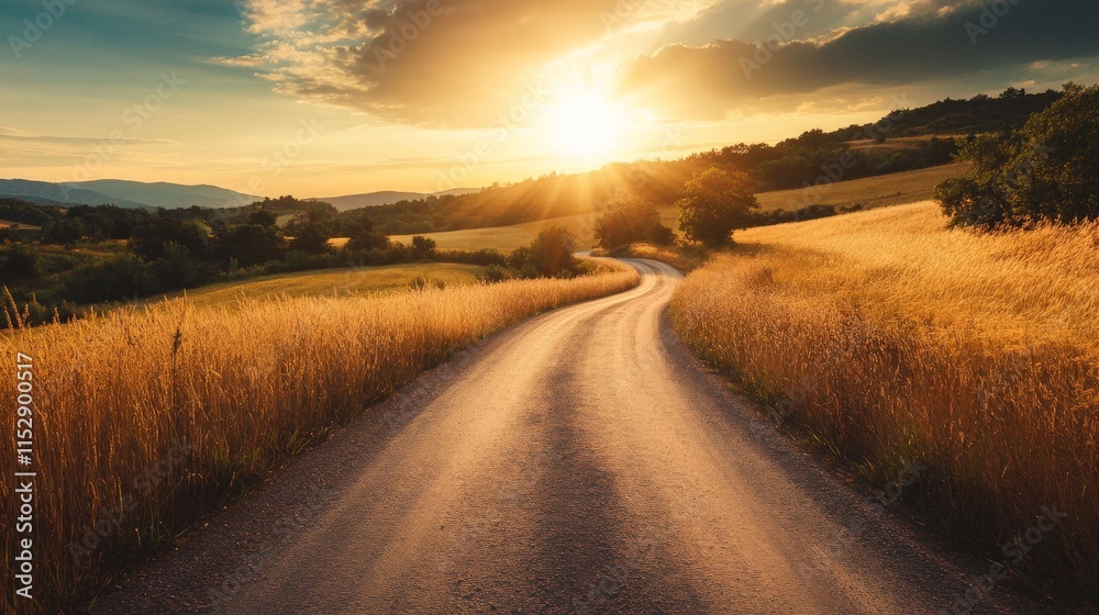 Dusty road leading into golden wheat field with a sun shining at dusk Dusty road leading into golden wheat field with a sun shining at dusk