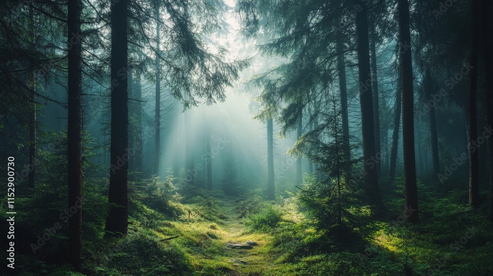 Obraz premium Sunlight streaming through the trees in a misty forest