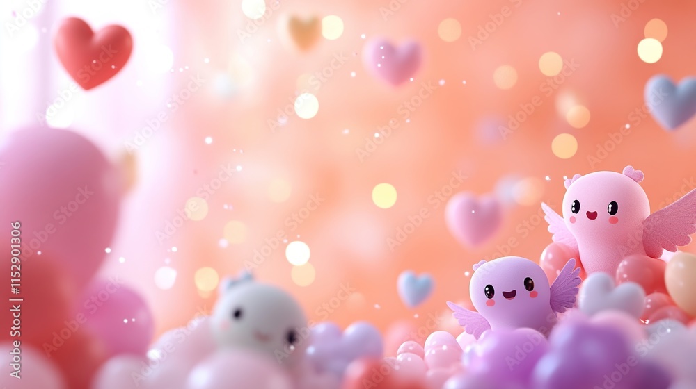 Cute pastel birds among colorful hearts and soft clouds.