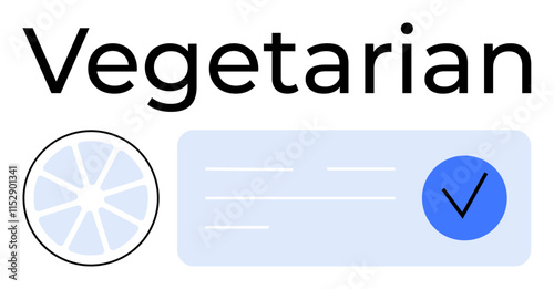 Vegetarian label with a citrus slice and blue check mark. Ideal for food packaging, diet plans, health-conscious branding, restaurant menus, nutrition guides, vegan lifestyle, culinary services. Line