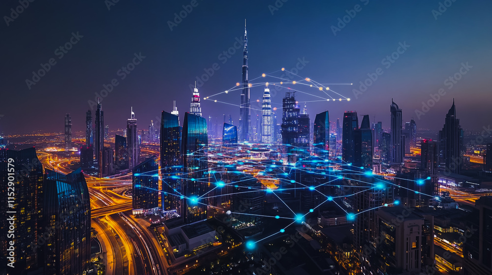 Obraz premium Abstract businesswoman stands on the peak of success Smart digital city with connection cyber security network reciprocity over the cityscape future wireless digital city and social media networking