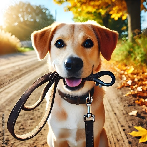 Dog holding its own leash in mouth sitting on dirt road on sunny warm Fall day inviting for walk outdoor