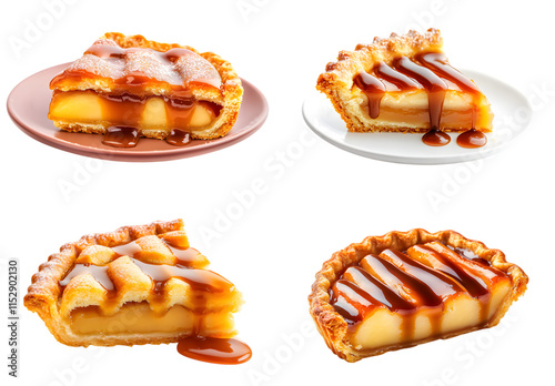 Apple pie slice with caramel drizzling down isolated on transparent background, cut out, PNG photo