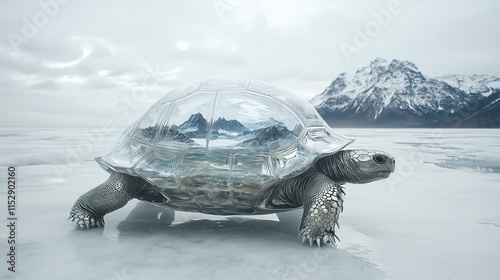 An ancient crystalline tortoise, its shell displaying intricate patterns and a miniature, mountainous glacial landscape within, slowly moving across a frozen plain under soft, over