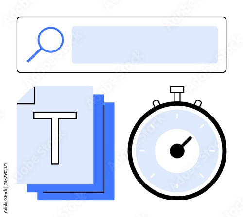Search bar document pages and a timer. Ideal for efficiency, productivity, search, research, time management, organization, documentation themes. Line metaphor
