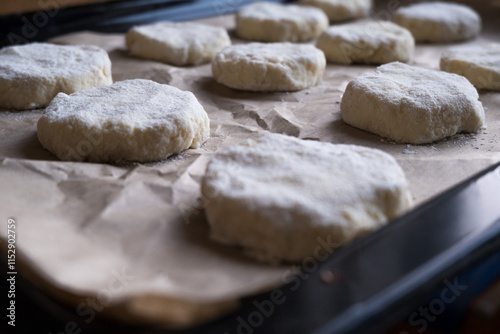 Close-up of cookie dough on a baking sheet. Culinary concept.