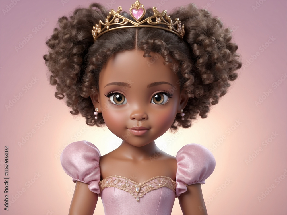 Fototapeta premium 3D portrait of a very cute African American princess with a doll-like face and big, expressive eyes