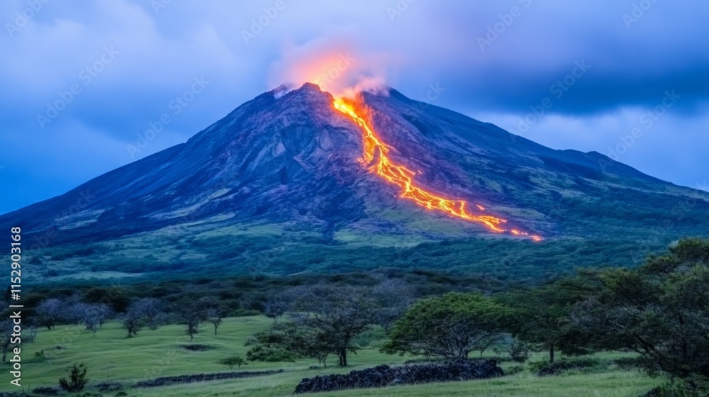 Fototapeta premium Eruption of a Volcano at Dusk, Fiery Lava Flow