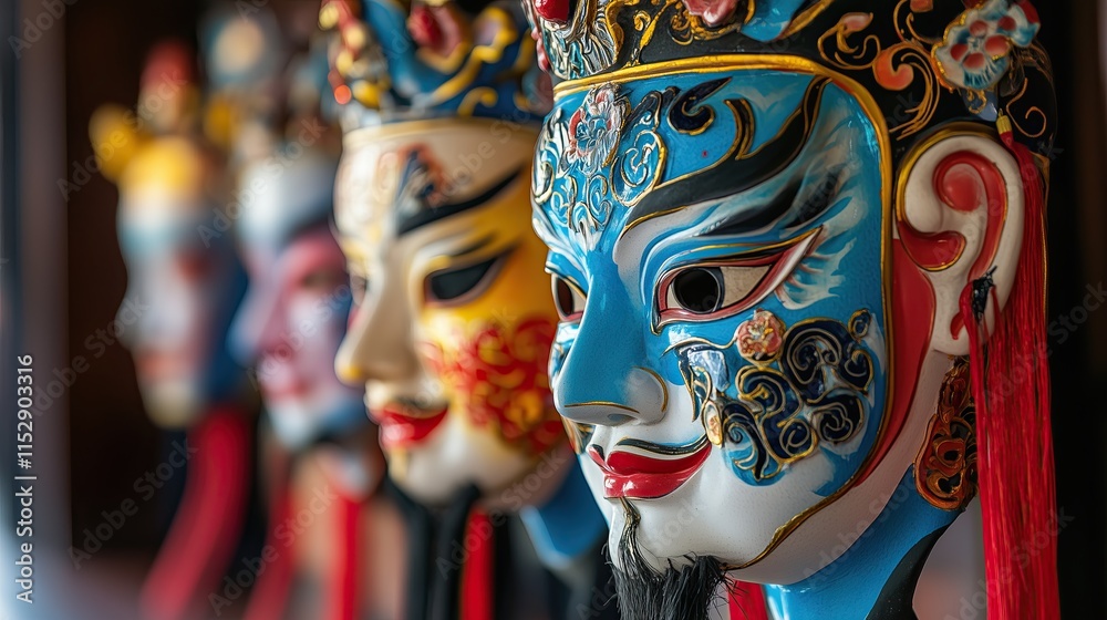 Obraz premium Traditional Chinese Opera Mask Display with Vibrant Colors and Intricate Details Vibrant Chinese Opera Mask Display Intricate Hand-Painted Cultural Masks Traditional Asian Festival Artifacts
