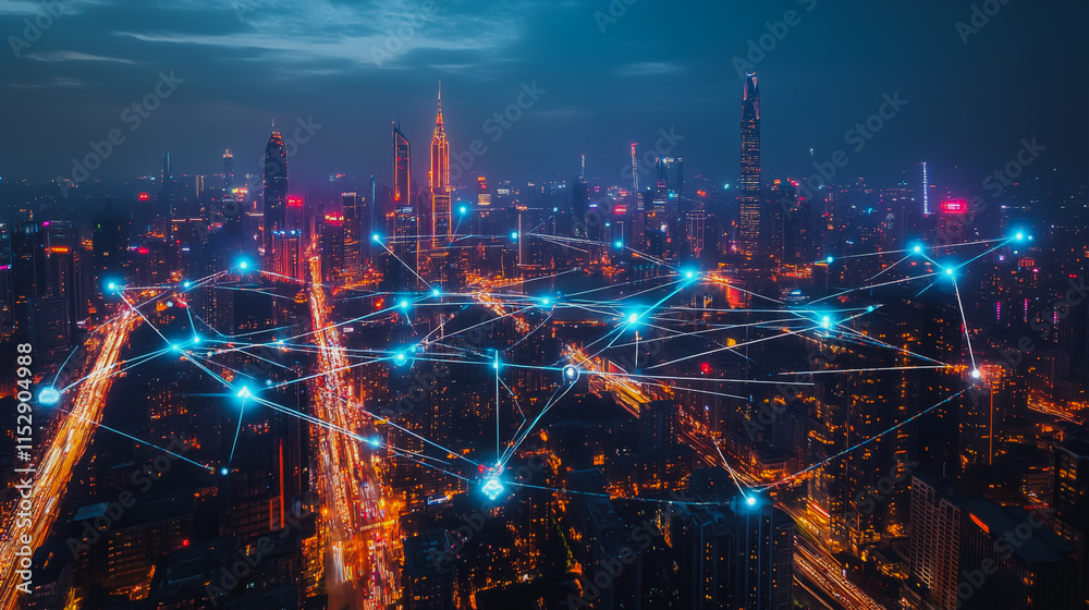 Fototapeta premium Abstract businesswoman stands on the peak of success Smart digital city with connection cyber security network reciprocity over the cityscape future wireless digital city and social media networking