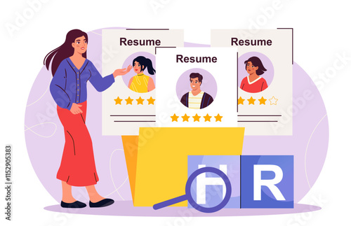 HR evaluates resume. Woman with magnifying glass near folder with resumes of candidates for vacancy. Headhunting and recruitment, employment. Curriculum vitae. Flat vector illustration