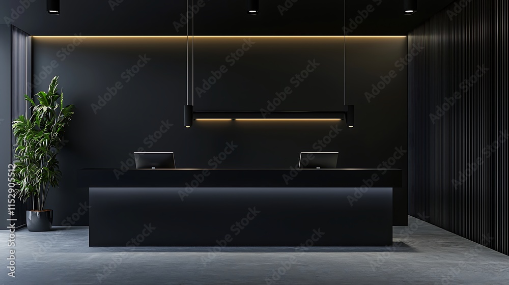 A black room with a black desk and two black chairs A black room with a black desk and two black chairs