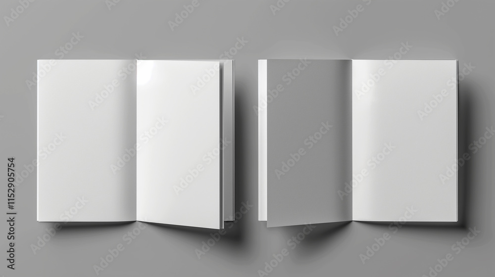 Open and Closed Blank Brochures on a Grey Background for Mockup Presentation Open and Closed Blank Brochures on a Grey Background for Mockup Presentation