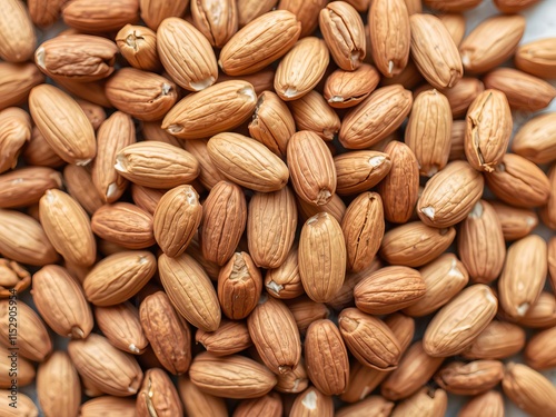 Close up shot of fresh almonds piled up, creating a natural and textured background, snack, ingredient