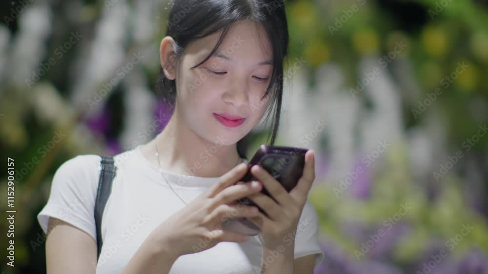 Woman using smartphone at night, Night lights, Bokeh of lights. Woman using smartphone at night, Night lights, Bokeh of lights.