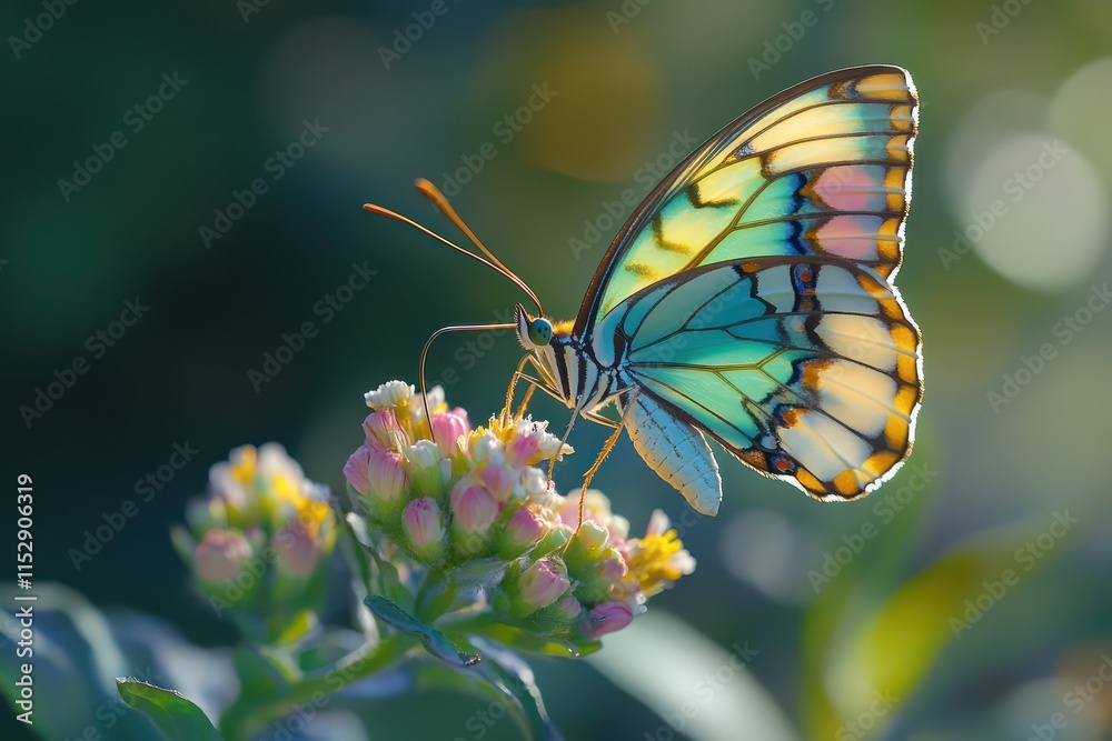 A butterfly with wings in shades of turquoise, pink, and yellow perched on a multi-colored flower, captured in high definition, showcasing its fine details. A butterfly with wings in shades of turquoise, pink, and yellow perched on a multi-colored flower, captured in high definition, showcasing its fine details.