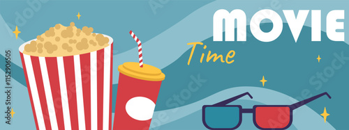 Movie time poster. Pop corn, soda and 3d glasses. Filmmaking and film industry, cinematography. Cinema and series. Fun and entertainment. Flyer and booklet. Flat vector illustration