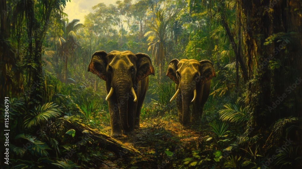 Fototapeta premium Two majestic elephants standing calmly in a lush rainforest, surrounded by vibrant greenery and soft light filtering through the trees, showcasing serene wildlife beauty.