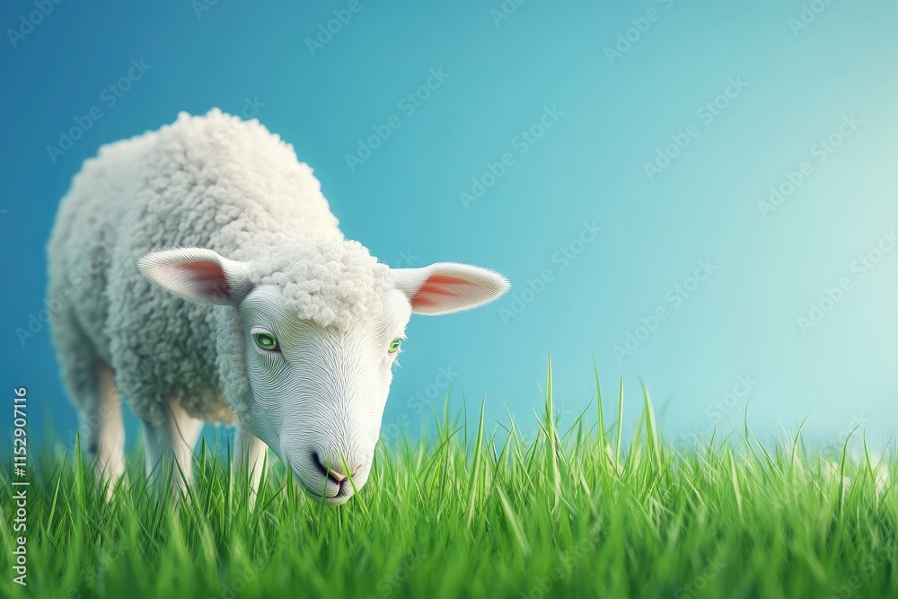 Obraz premium 3D Rendering Young white sheep eating green grass on the field. Blue Background. Eid Adha Concept 
