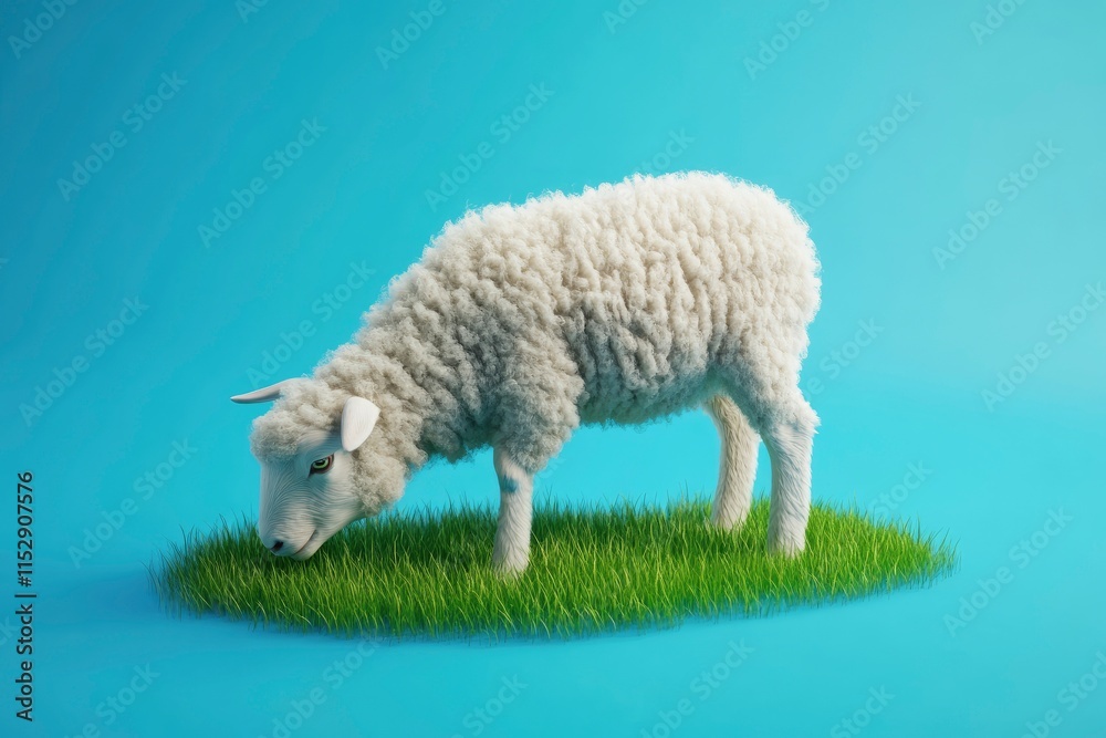 3D Rendering Young white sheep eating green grass on the field. Blue Background. Eid Adha Concept 3D Rendering Young white sheep eating green grass on the field. Blue Background. Eid Adha Concept
