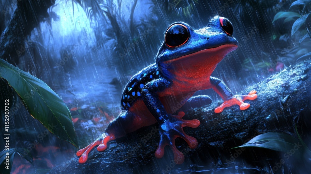 Obraz premium Vibrant Blue Frog in Rainy Jungle Environment with Lush Greenery, Captivating Colors and Stunning Detail Showcasing Nature’s Beauty and Biodiversity