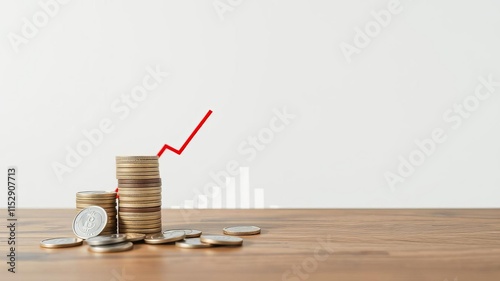 Coins stacked in a bar chart with a red graph trending downwards on a wooden table, symbolizing economy recession and financial loss, downwards trend, inflation photo