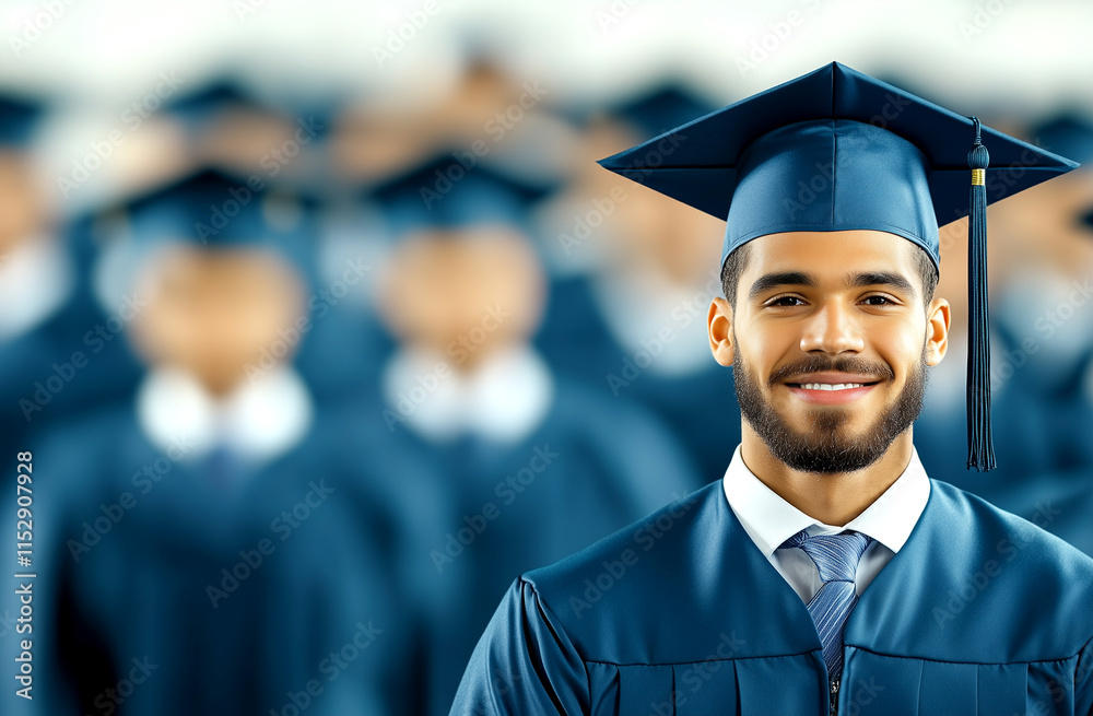 Fototapeta premium A man wearing a blue cap and gown is smiling for the camera. He is surrounded by other graduates in blue